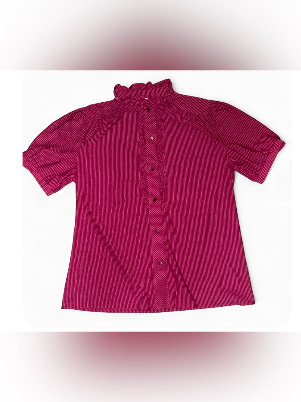Ruffled Mock-Neck Button-Front Blouse in Fuchsia